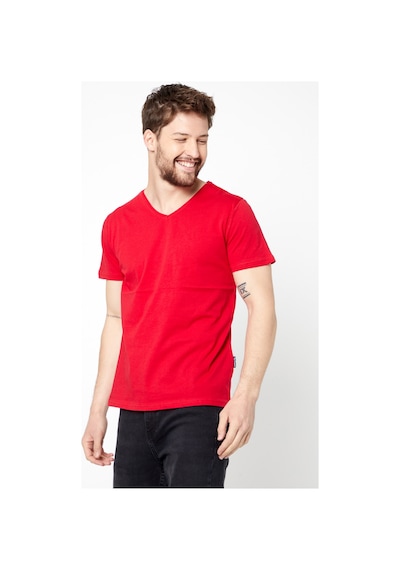 Erkek Indigo %100 Pamuk Basıc Regular Fit Pamuklu Kısa Kollu V Yaka T-shirt Kırmızı