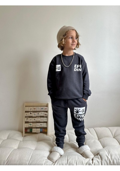 Jolly Kids Erkek Çocuk Yazı Baskılı Sweatshirt Takım Koyu Gri