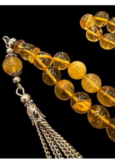 Kaya Damla Kehribar Tesbih 23 Gram 10x10 Mm Gümüş Püsküllü Tespih Sarı