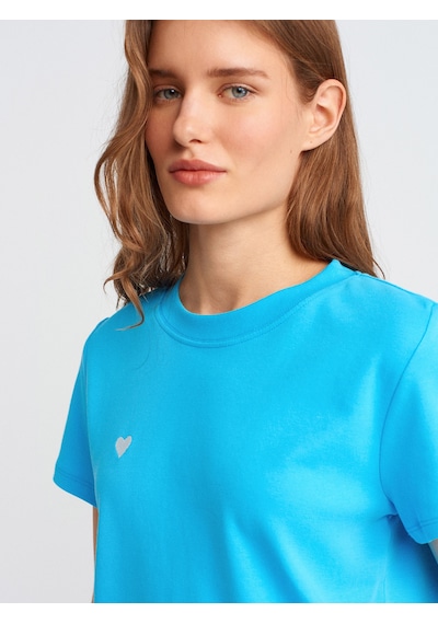 Dilvin 30584 Bisiklet Yaka Pamuklu T-shirt-turkuaz Turkuaz
