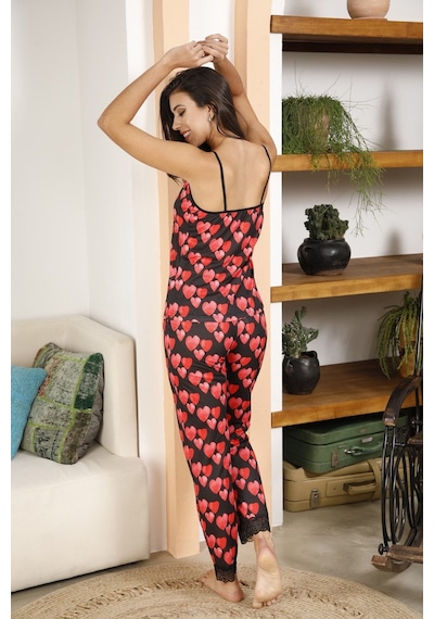 Myben Kadın Siyah Kalpli Ip Askılı Dantelli Pijama Takımı Siyah