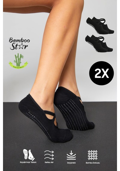 Bamboo Star Bambu Kadın Siyah Kaydırmaz Taban Silikon Baskı Pilates Yoga Fitness Dans Aktivite Babet Çorabı 2'li