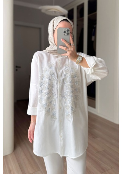 Kahijab Rose Boncuk İşlemeli Gömlek - Beyaz