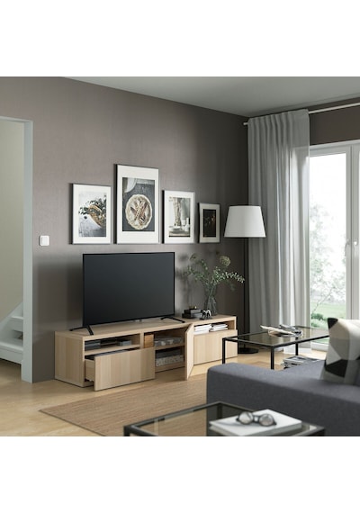 Tv Sehpası, Ağartılmış Meşe Görünümlü, 180x42x39 Cm, Lappvıken, Fren Raylı Meşe Tv Sehpası, Ağartılmış Meşe Görünümlü, 180x42x39 Cm, Lappvıken, Fren Raylı Meşe