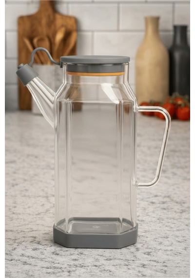 Şeffaf Cam 800 Ml Yağdanlık Sürahi Akıtmaz & Kaymaz Silikon Tabanlı Yağlık - Gri Gri