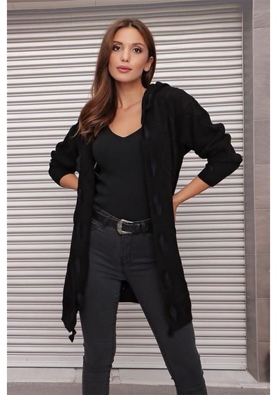 Aqe Fashion Kapüşonlu Kabartma Desenli Şerit Garnili Siyah Hırka Siyah