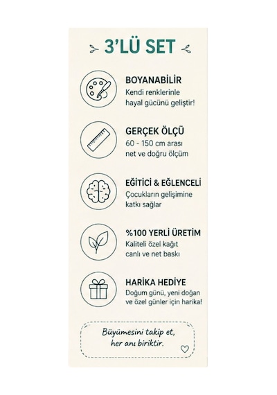Boyanabilir 3 Lü Çocuk Boy Ölçer Seti Büyüme Yolculuğum Safari, Okyanus, Uzay 60-150 Cm Gerçek Ölçü