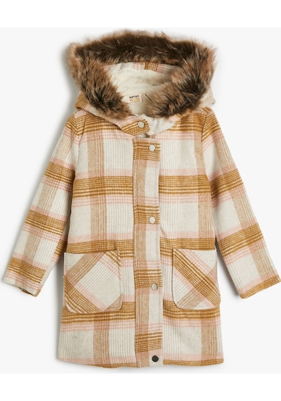 Koton Oversize Kaban Kapşonlu Suni Kürk Detaylı Çıtçıt Kapaklı Cepli Ekru Ekose 4wkg00002aw 4WKG00002AW0C1 Ekru