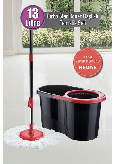 Grimorlife Turbo Star Black Microfiber Döner Başlıklı Temizlik Seti Büyük Boy Mop 13 Lt.+yedek Mop Hediyeli