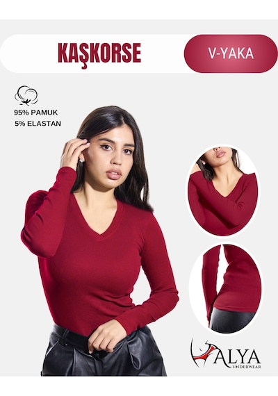 Alya Underwear Pamuklu Kaşkorse V Yaka Body Sweatshirt, Fitilli Kumaş Likralı Bluz, Asker Yeşili Badi Bordo
