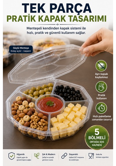 10'lu Sekizgen 5 Bölmeli Kendinden Kapaklı Pet Gıda Kabı 900 Cc Şeffaf Sızdırmaz Sunum Kabı 23 Cm Set