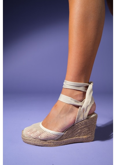 Luvishoes Luvi Shoes Lıons Bej Fileli Deri Kadın Bilekten Bağlamalı Dolgu Topuk Sandalet Bej