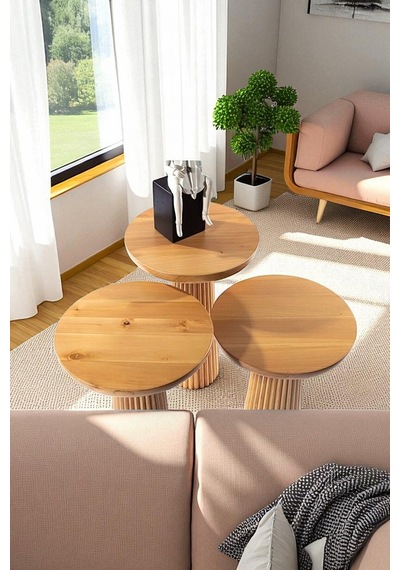 Simillo Wood Wooden 3 Lü Set Fitilli Mantar Yan Sehpa Modern Koyu Ceviz Renkli Fiskos Ahşap