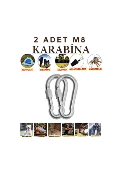 2 Adet 8 Mm Kilitli Karabina Paslanmaz Çelik Karabina Kamp Ekipmanı Tırmanma Dağcılık Salıncak Hamak Gümüş Gümüş