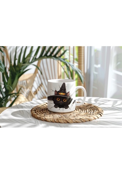 Halloween Kedi Figürlü Kupa Bardak 3 Boyutlu Tasarım Kabartmasız Beyaz