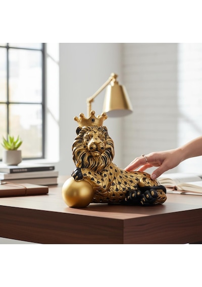 Lüks Taçlı Aslan Heykeli 20 Cm Dekoratif Premium Biblo Büst Yeni Ev & Ofis Hediyesi
