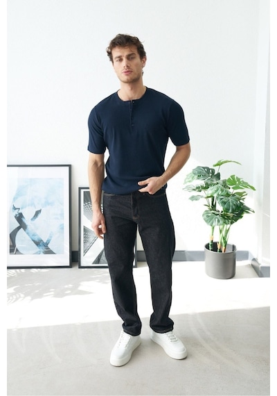 Baselco Premium Henley Yaka Beyaz T-shirt - Rib Dokulu Modern Fit Lacivert