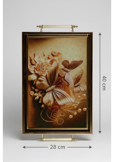 Altın Kelebek Desenli 40x28cm Metal Kulplu Lüks Sunum Ve Servis Tepsisi