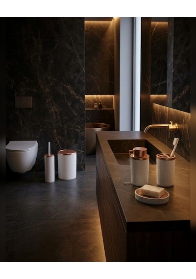 Beyaz Çizgili 5 Parça Banyo Seti Çöp Kovası Klozet Fırçası Sıvı Sabunluk Diş Fırçalık Sabunluk