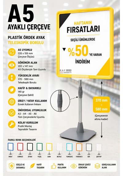 A5 Ayaklı Çerçeve Seti Plastik Ördek Ayak Teleskopik Borulu Fiyat Etiketliği Yönlendirme Levhası Menü Panosu Sarı