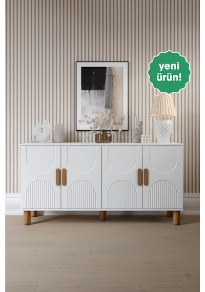Linea Bohem Konsol 4 Kapaklı Mdf Mebran Kapak 160 Cm Modern Salon Konsolu Beyaz