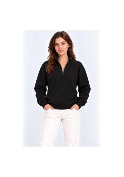 Butik İstanbul Üç İplik İçi Şardonlu Dik Yaka Yarım Fermuarlı Kışlık Sweatshirt - Siyah