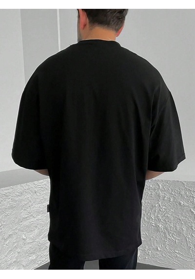 Beach Logo T-shirt - Siyah Baskılı Oversize Bisiklet Yaka Kısa Kol SIYAH