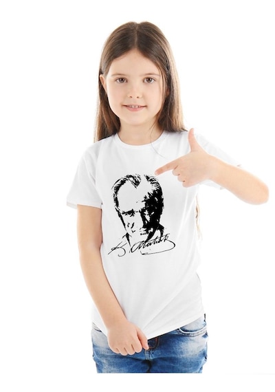 Sıfır Yaka T-shirt - %100 Pamuk Çocuk Atatürk Baskılı Beyaz