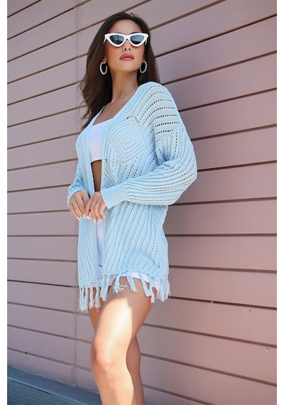 Aqe Fashion Motif Detaylı Eteği Püsküllü Hırka Bebe Mavisi Bebe Mavi