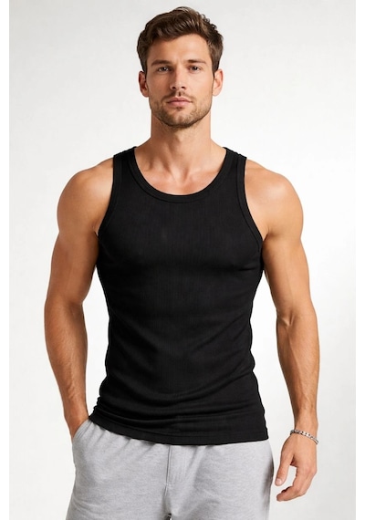 Novalisse Erkek Fitilli Atlet Sıfır Yaka Slim Fit Arka Baskılı Spor Atlet - Siyah Çoklu Renk