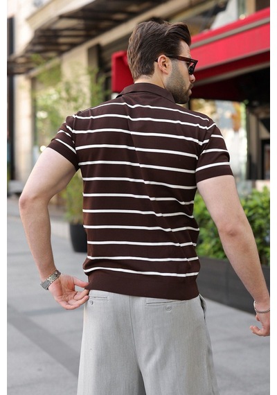 Madmext Acı Kahverengi Çizgili Polo Yaka Triko Erkek T-shirt E7405