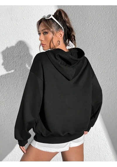 Startmore Coke Serisi Figure & Letter Graphic Drop Shoulder Drawstring Hoodie Siyah