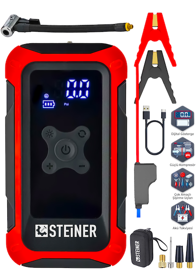 Steiner 16.000 Mah 4'ü 1 Arada 10 Bar Dijital Göstergeli Powerbank Led Fener Şarjlı Akü Takviye Cihazı Hava Kompresörü Kırmızı