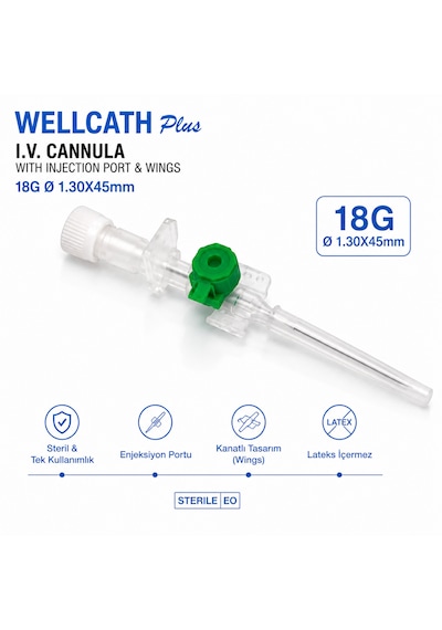 Wellmed Wellcatch Plus 18g Yeşil İ.v. Branül 1.30 45 Mm Portlu Kanatlı Steril 400 Adet