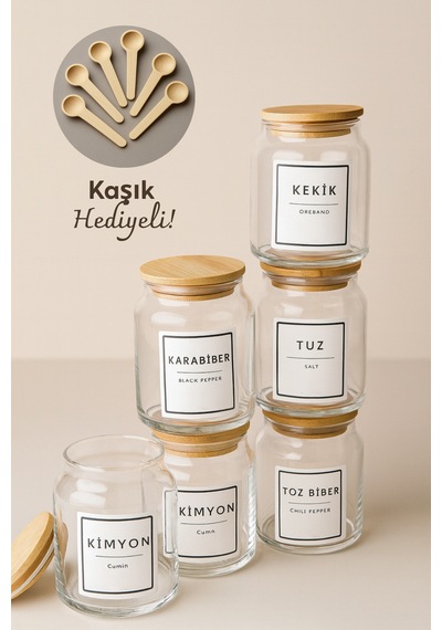 Zenith - 6'lı Bambu Vakum Kapaklı Kaşık Ve Etiket Hediyeli Cam Saklama Kabı Baharatlık Seti 290 Cc Diğer