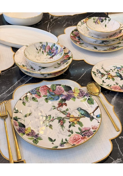 24 Parça 6 Kişilik Modern Flore Bird Yemek Takımı-5694 Çok Renkli