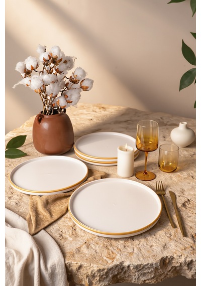Keramika Mat Beyaz Gold Fileli Stackable Servis Tabağı 27 Cm 4 Adet