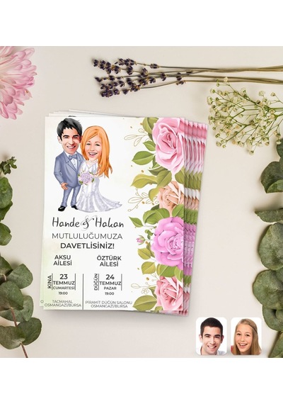 Bitmeyenkartus Kişiye Özel Karikatürlü Düğün Davetiyesi Model 94 (100Adet)