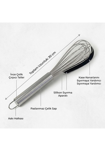 Silikon Sıyırma Aparatlı Çelik Çırpıcı 30 Cm, Paslanmaz Çelik Tel Çırpıcı, Ergonomik Metal Saplı Mutfak Çırpıcısı, Sos Yumurta Krema Ve Hamur Karıştırıcı