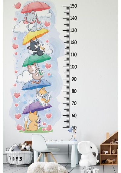 Sevimli Kedilerle Süslü Boy Cetveli Sticker, Çocuk Bebek Odası Boy Ölçer Sticker Dijital Baskı