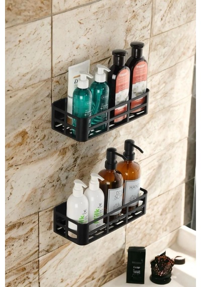 2'li Set Banyo Duş Rafı Şampuanlık, Sabunluk Siyah Yapışkanlı Siyah