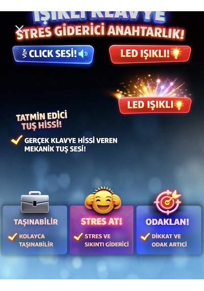 Işıklı Klavye Stres Giderici Klavye Parmak Klavye Ses Çıkaran Işıklı Tuş Takımı Anahtarlık Çok Renkli