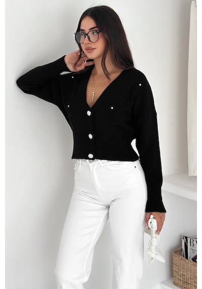 Noa & Noa Kadın Çiçek Nakışlı Düğmeli Premium Hırka Romantik & Zarif Stil Siyah