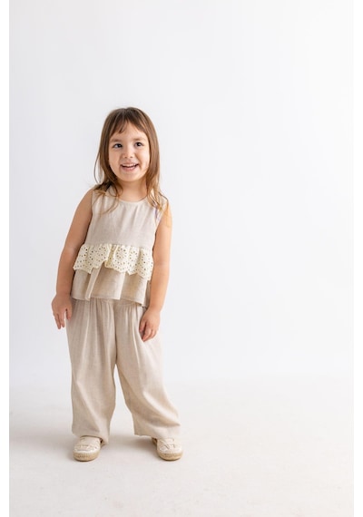 Oliventhekid Beli Tamtur Dantelli Kolsuz Keten Kız Çocuk Bluz Bej Bej