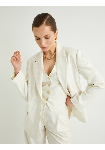 Koton Blazer Ceket Düğmeli Standart Kesim Sim Şerit Detaylı Bej Çizgili 4sak50138uw Ekru
