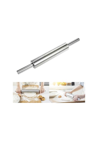 44 Cm Paslanmaz Metal Çelik Merdane Ergonomik Kulplu Çelik Profesyonel Hamur Açma Merdanesi