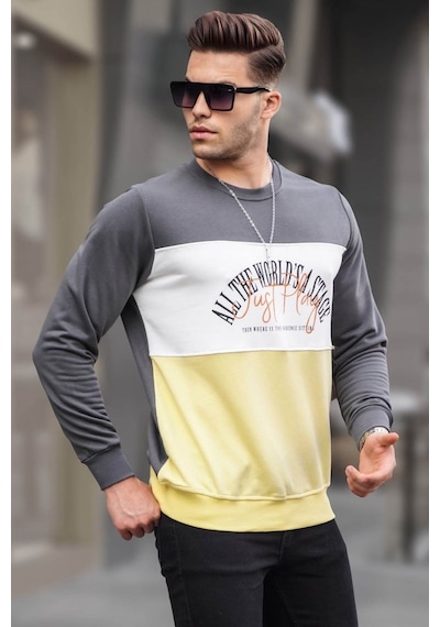 Madmext Füme Bisiklet Yaka Baskılı Sweatshirt 6013 Füme