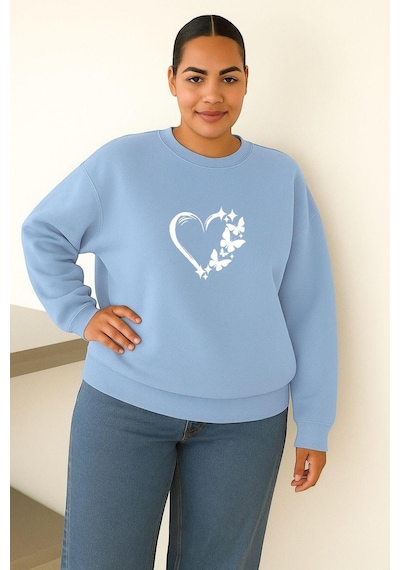 Benroma 3 İplik Penye Kelebekli Kalp Baskılı Büyük Beden Unisex Sweatshırt Bebe Mavisi