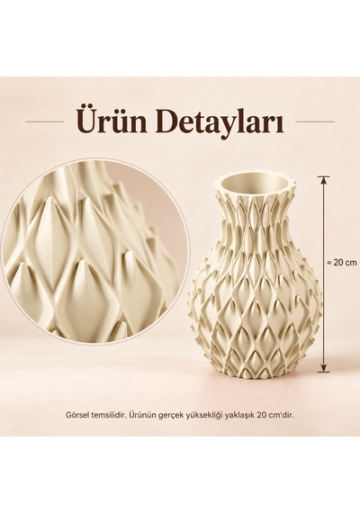 Yaprak Kabartmalı Dekoratif Vazo 20 Cm Kuru Çiçek Ve Pampas Vazosu Fildişi