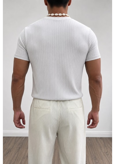 Tarz Cool Erkek Slim Fit Fitilli Triko Tişört Bisiklet Yaka Premium Pamuk Basic Yazlık T-shirt Beyaz